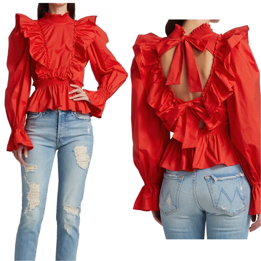 Sea New York Gaia Ruffle Long Sleeve Blouse Open Tie Back Scarlet Red Size 6 NWT